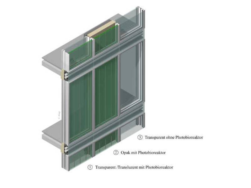 Optimiertes Glasfassadensystem mit integrierten Photobioreaktoren